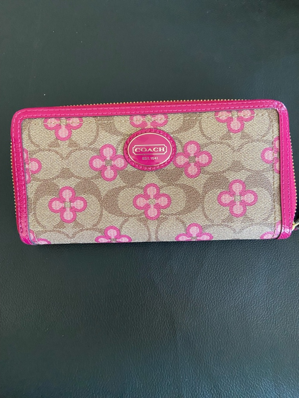 Coach Brown Signature Floral Zip Wallet with Pink Trim